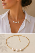 Collar de Tres Perlas Barrocas Naturales en Acero Inoxidable Dorado