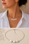 Collar de Tres Perlas Barrocas Naturales en Acero Inoxidable Plateado