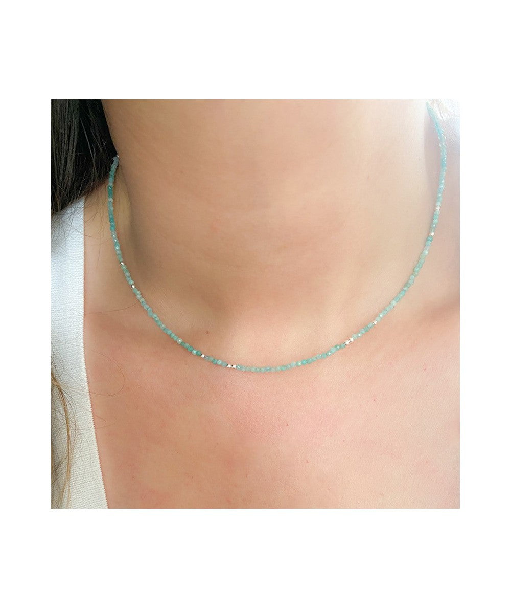 Collar de amazonita natural en plata 925 ajustable 40–47 cm con pepitas de plata – diseño fino y elegante